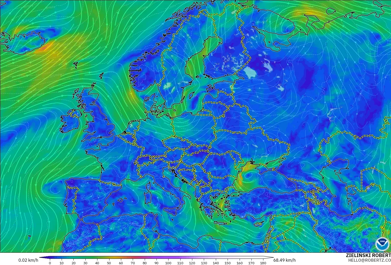 GFS modelo - Europa, Viento a 10 m