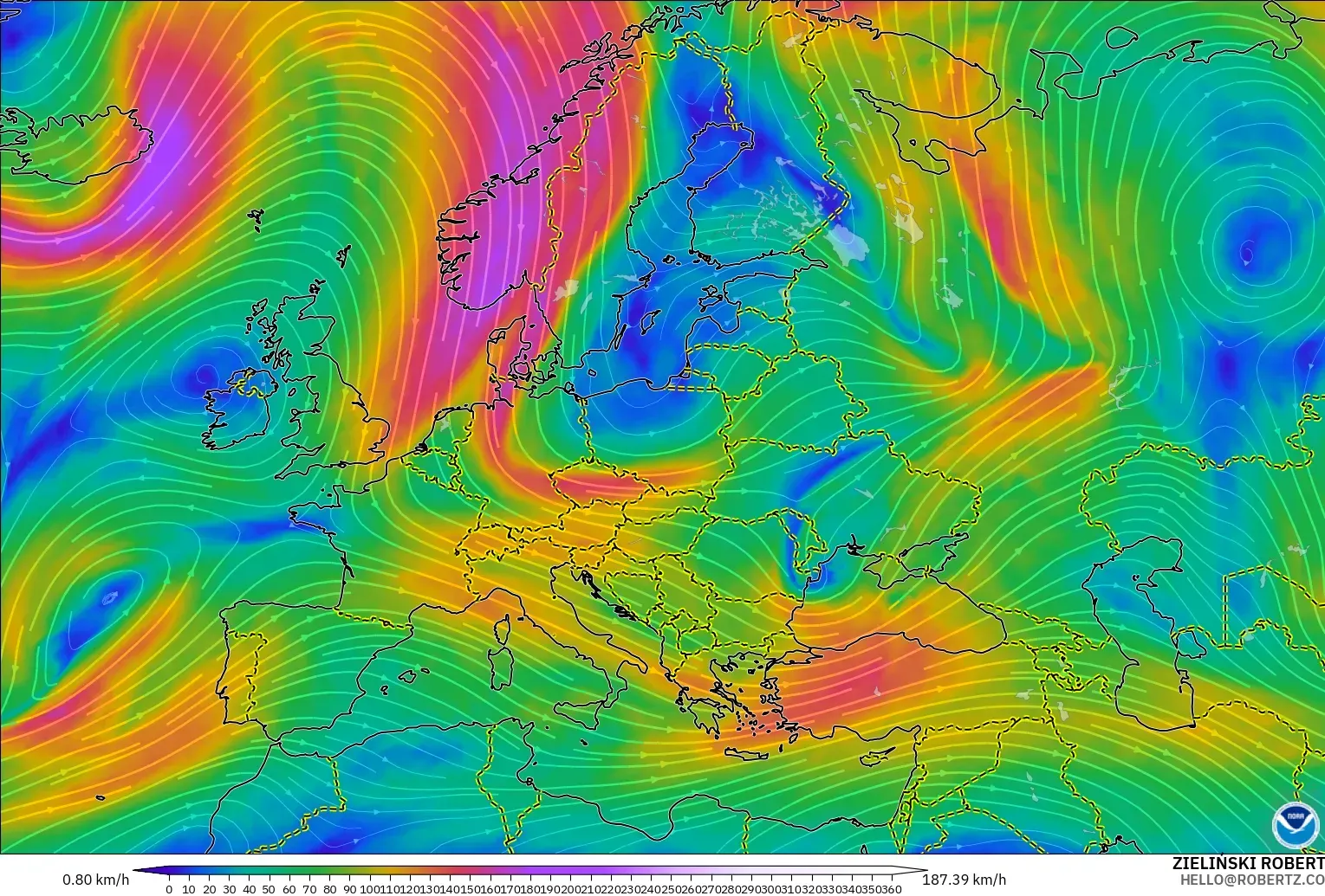 GFS modelo - Europa, Viento a 300 hPa (corriente en chorro)