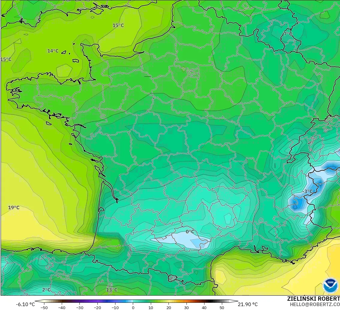 GFS modelo - Francia, Punto de rocío a 2 m