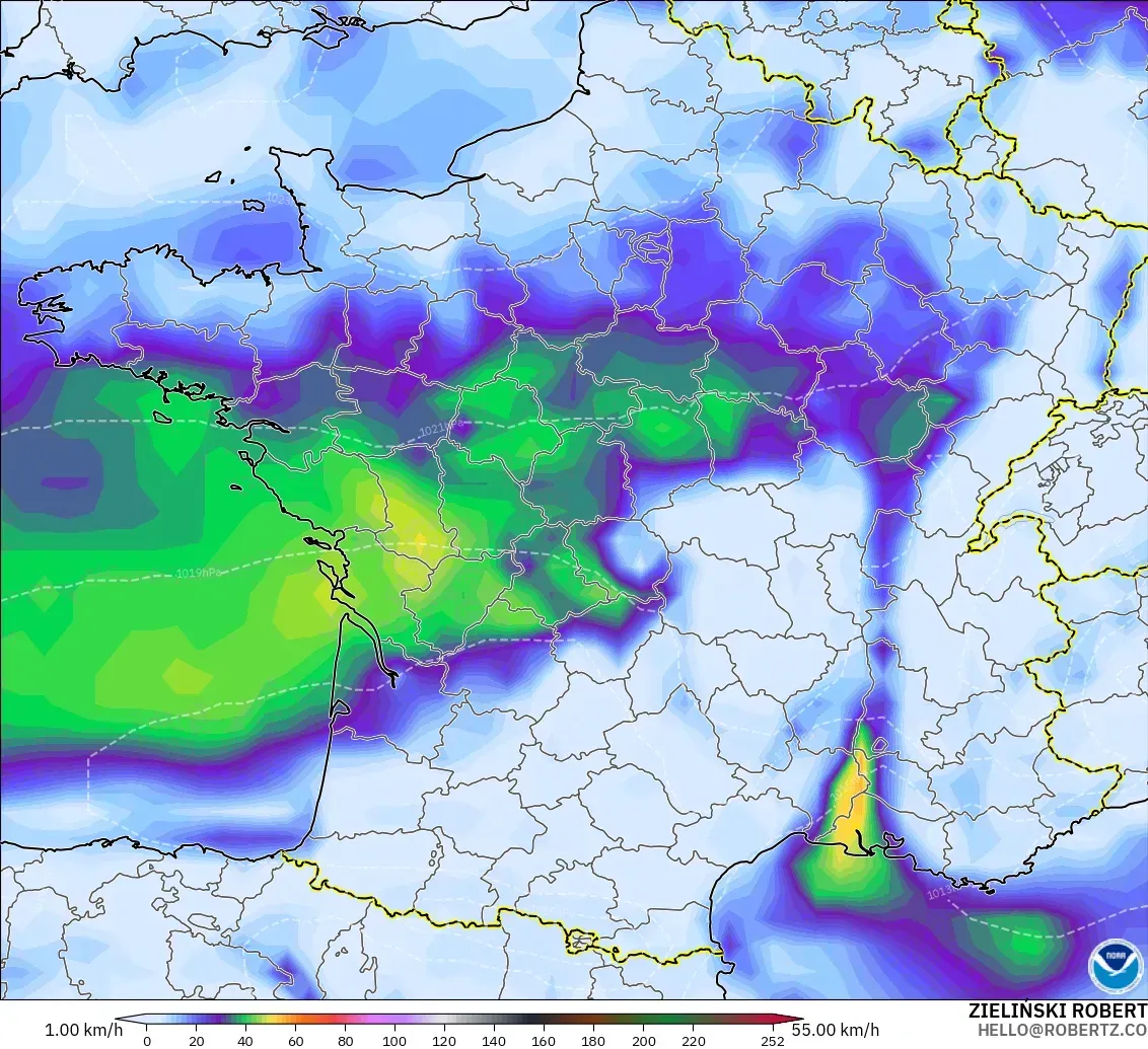 GFS modelo - Francia, Ráfagas de Viento Máximas