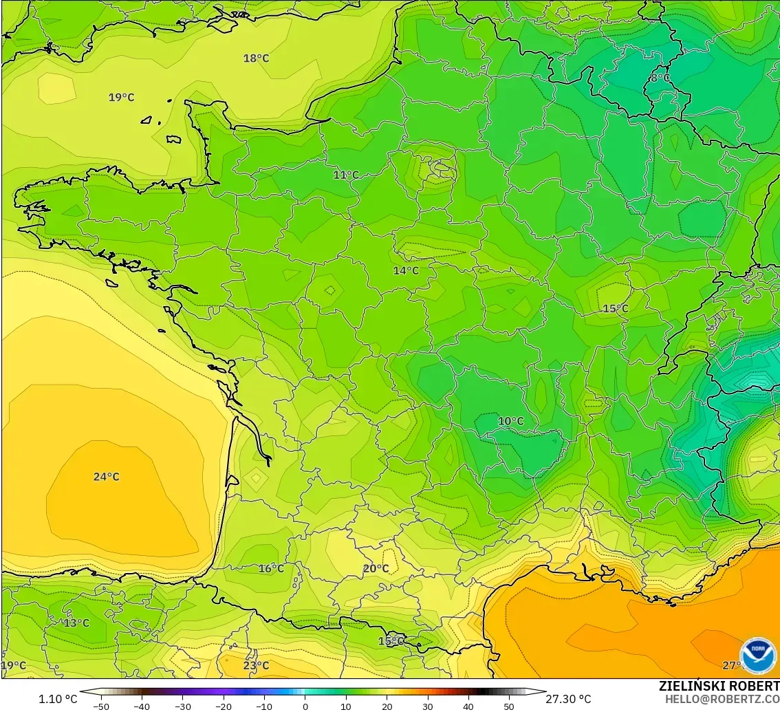 GFS modelo - Francia, Temperatura a 2 m