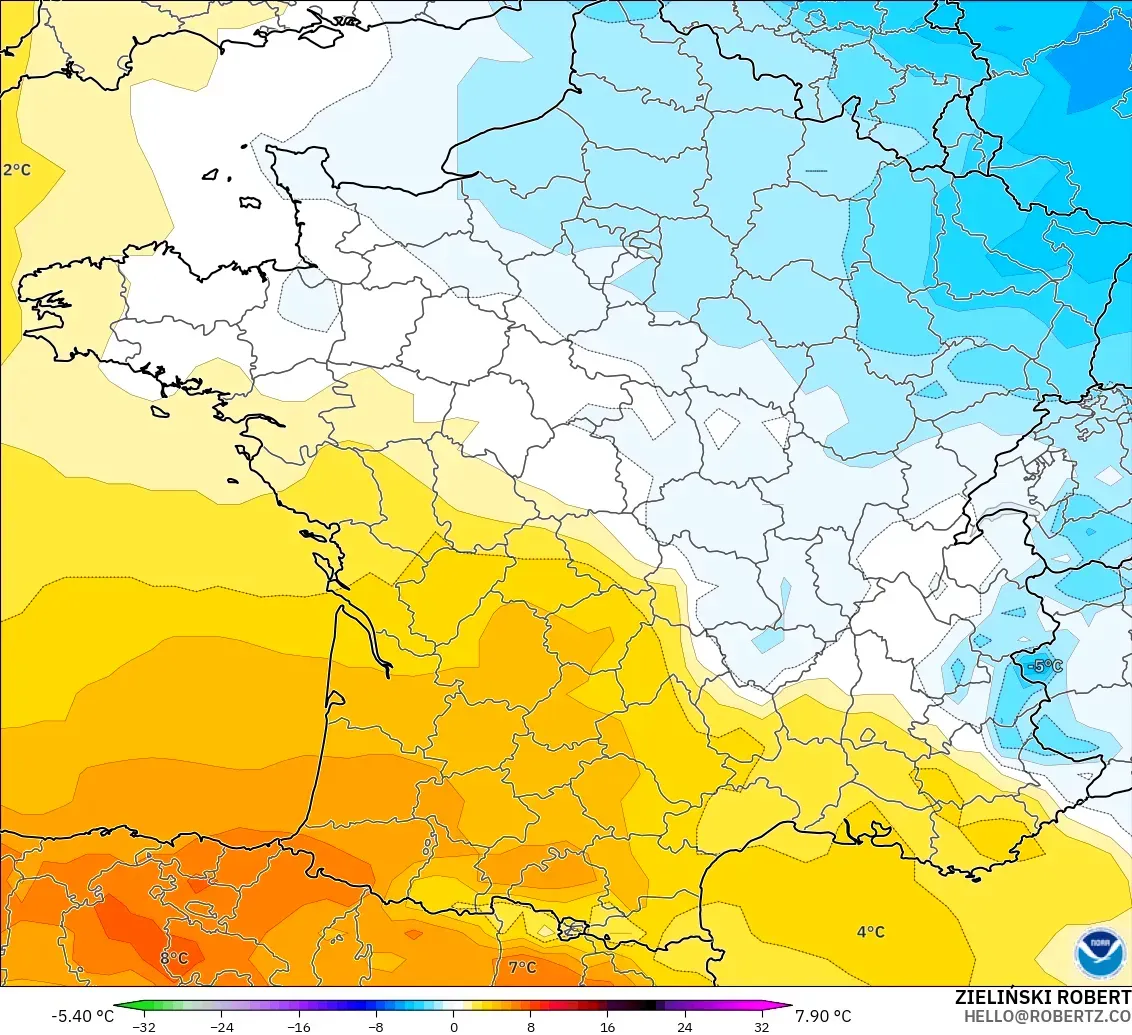 GFS modelo - Francia, Anomalía de temperatura a 850 hPa