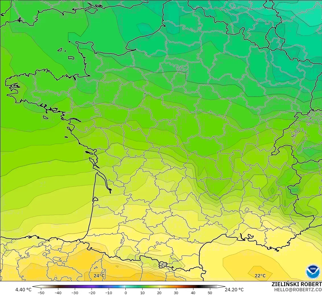 GFS modelo - Francia, Temperatura a 850 hPa