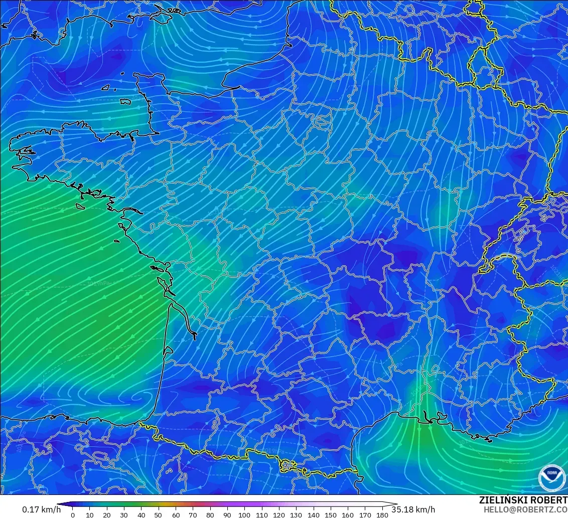 GFS modelo - Francia, Viento a 10 m