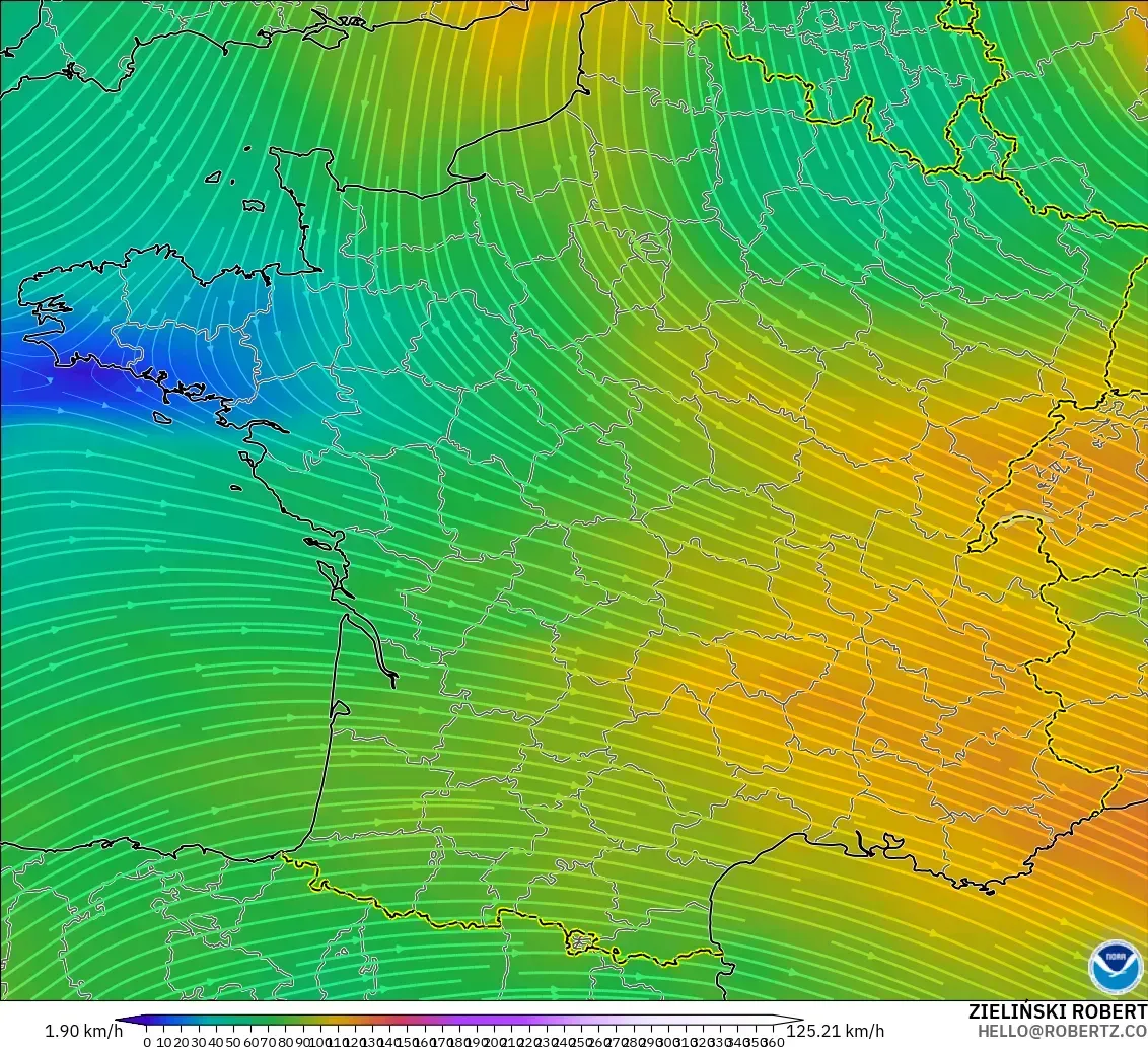 GFS modelo - Francia, Viento a 300 hPa (corriente en chorro)