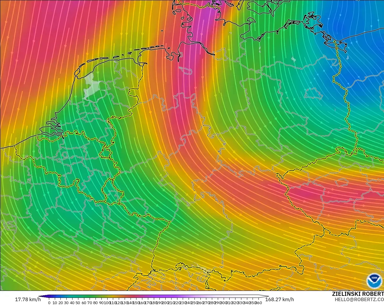 GFS modelo - Alemania, Viento a 300 hPa (corriente en chorro)