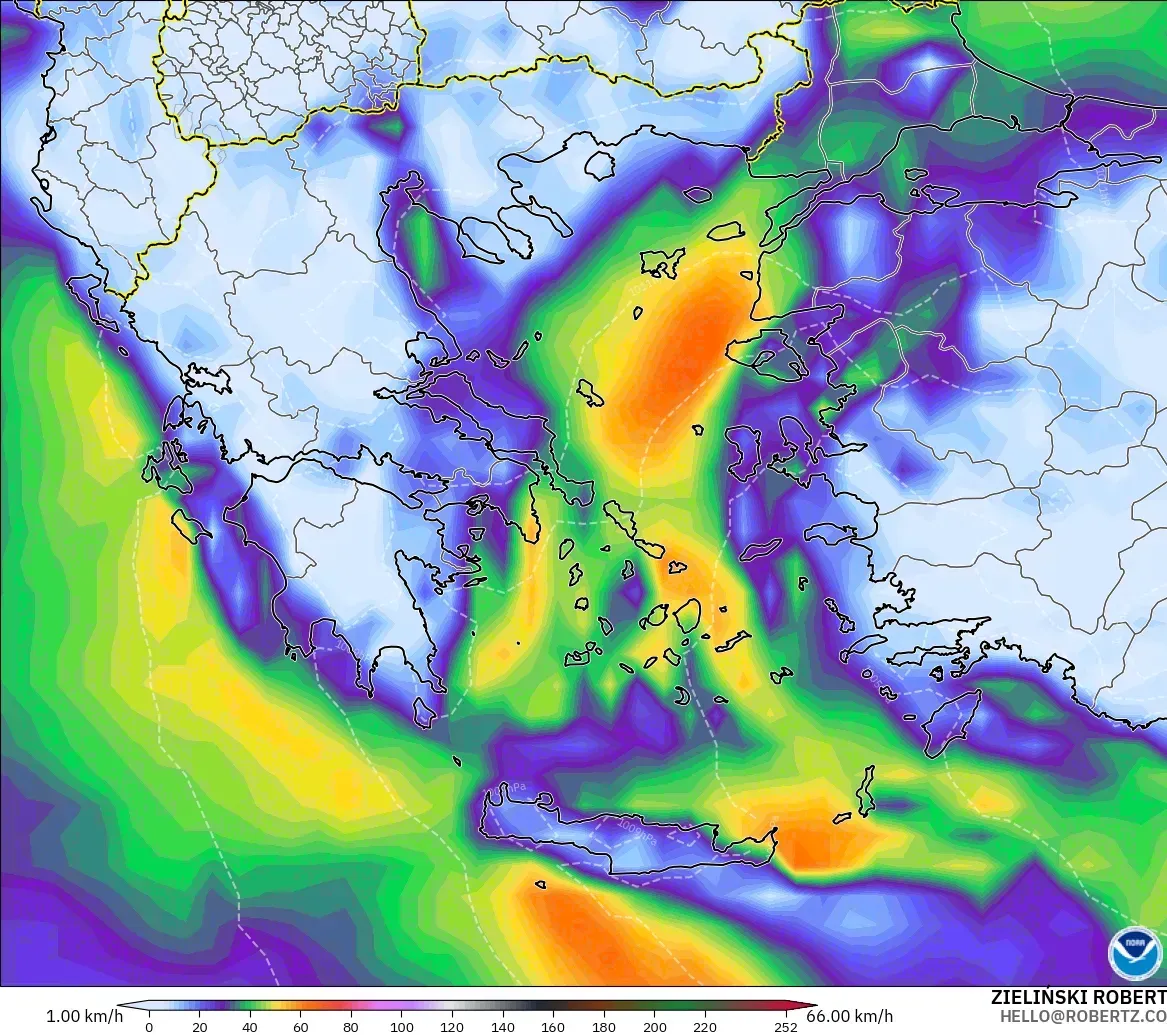GFS modelo - Grecia, Ráfagas de viento