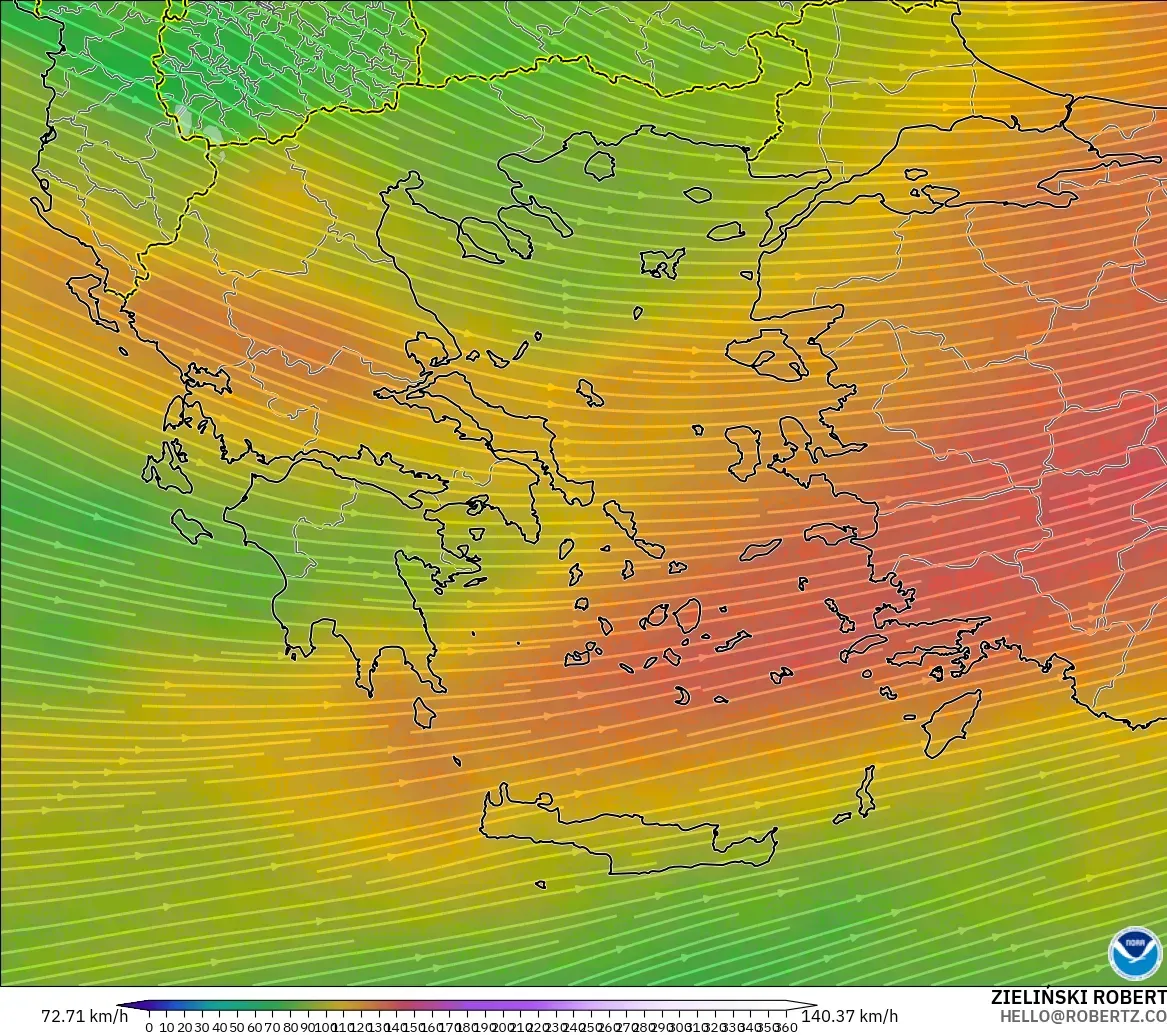 GFS modelo - Grecia, Viento a 300 hPa (corriente en chorro)