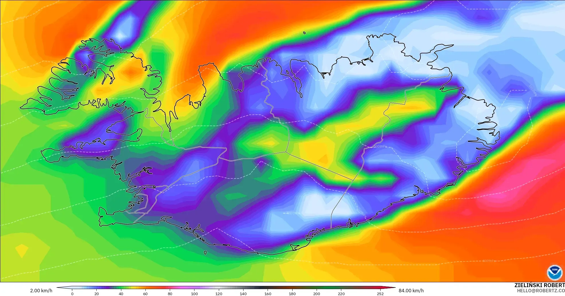 GFS modelo - Islandia, Ráfagas de Viento Máximas