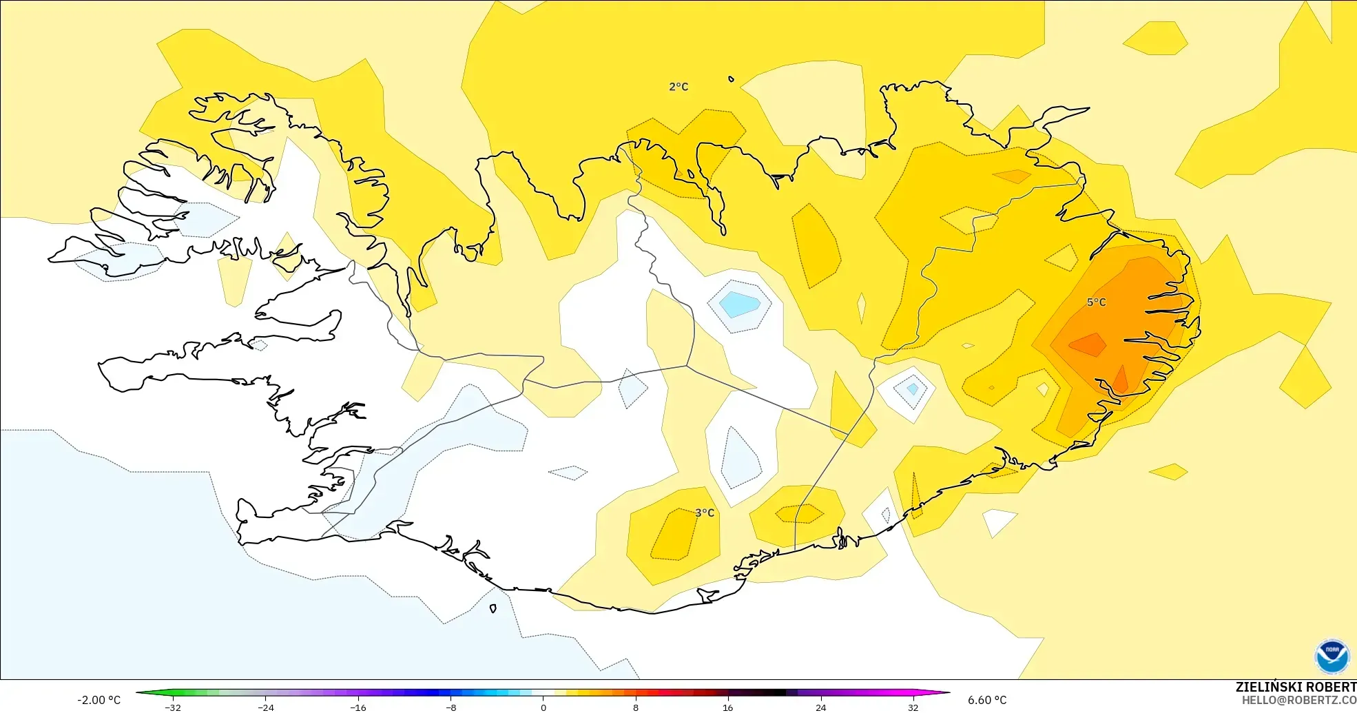 GFS modelo - Islandia, Anomalía de temperatura a 2 m