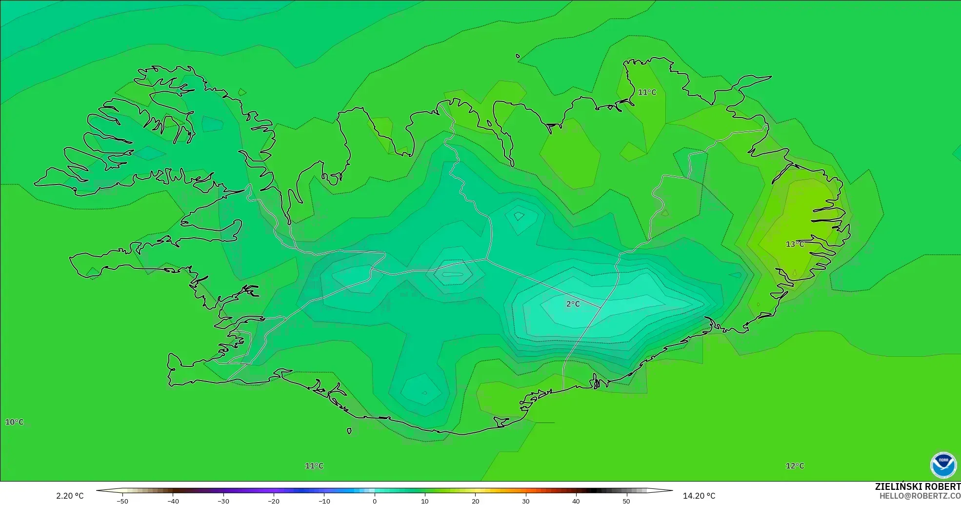 GFS modelo - Islandia, Temperatura a 2 m