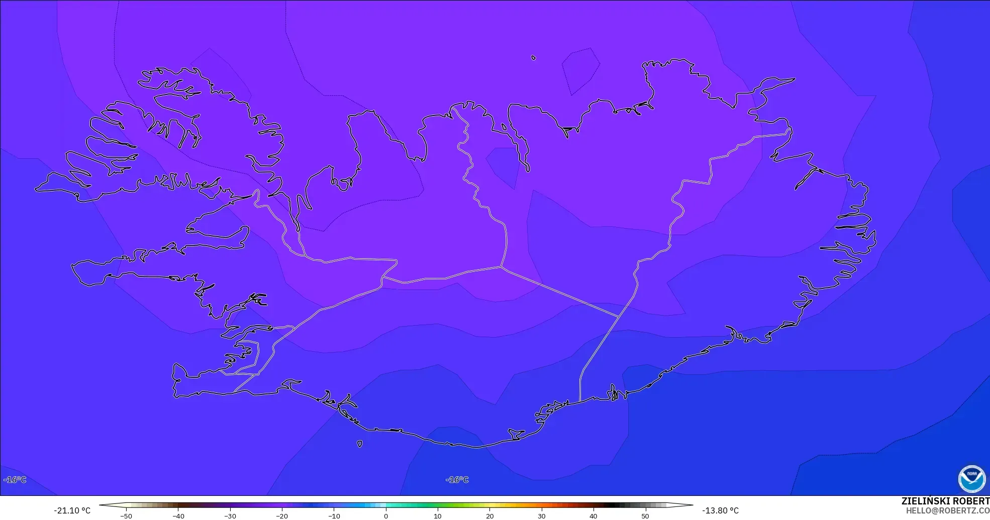 GFS modelo - Islandia, Temperatura a 500 hPa