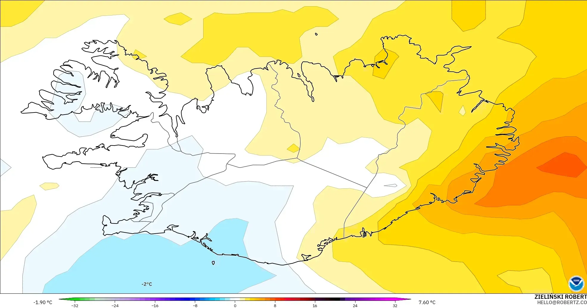 GFS modelo - Islandia, Anomalía de temperatura a 850 hPa