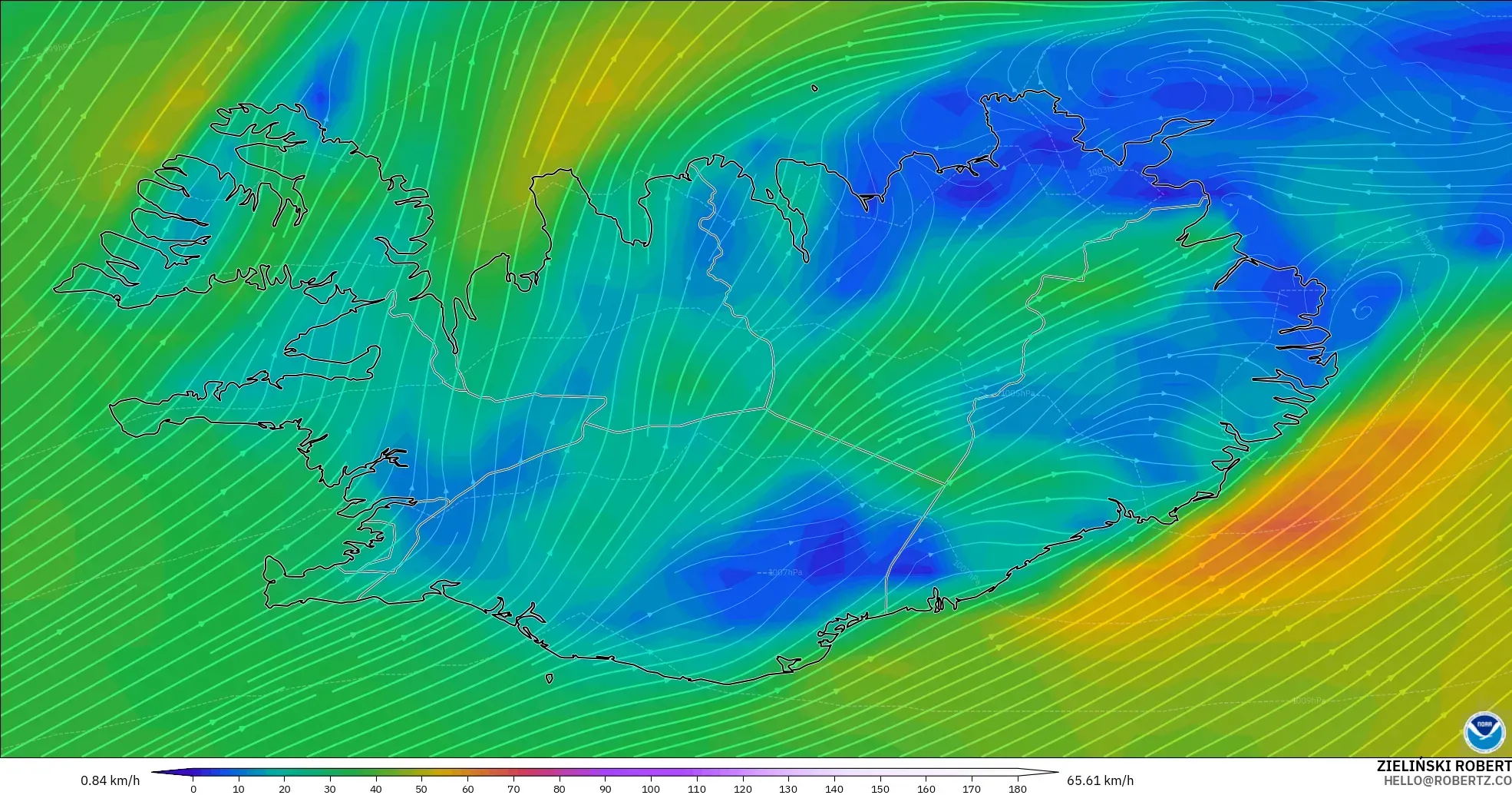 GFS modelo - Islandia, Viento a 10 m