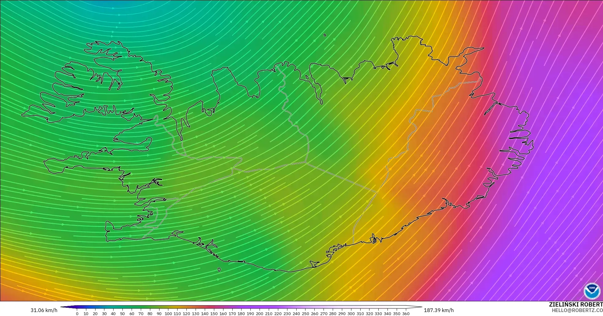 GFS modelo - Islandia, Viento a 300 hPa (corriente en chorro)