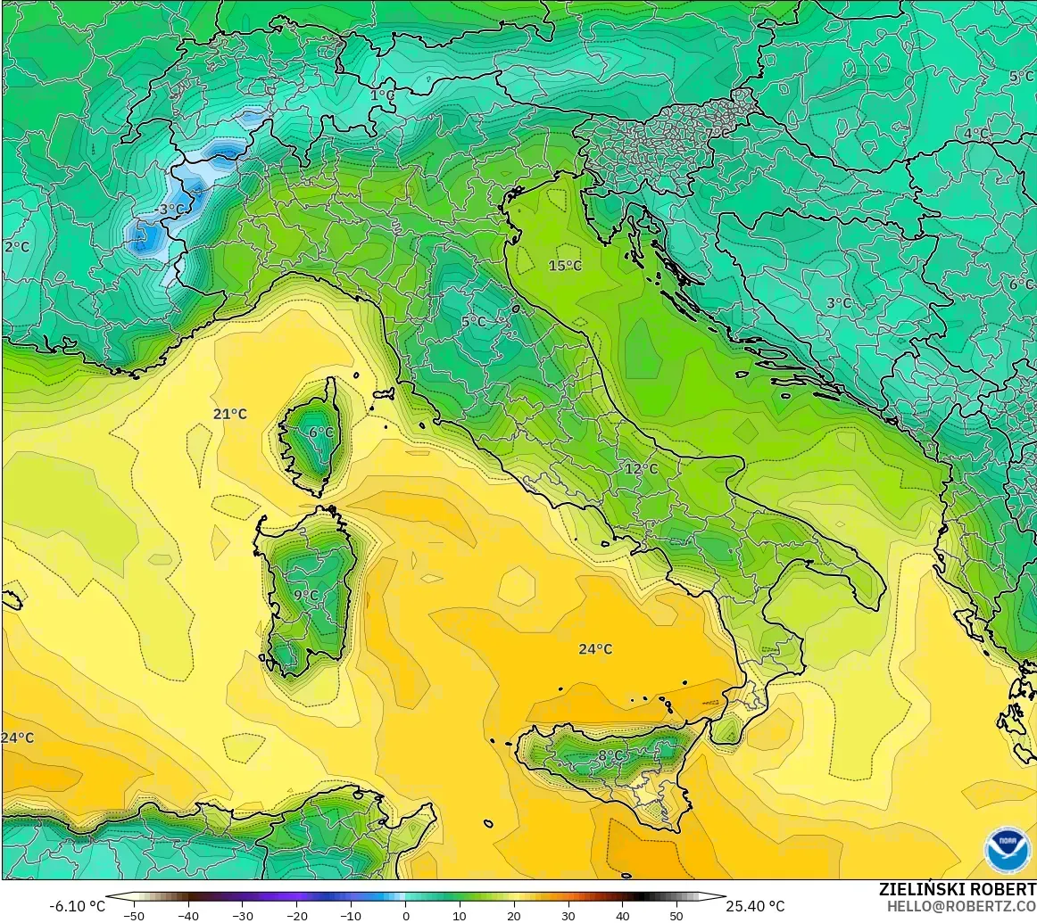 GFS modelo - Italia, Punto de rocío a 2 m