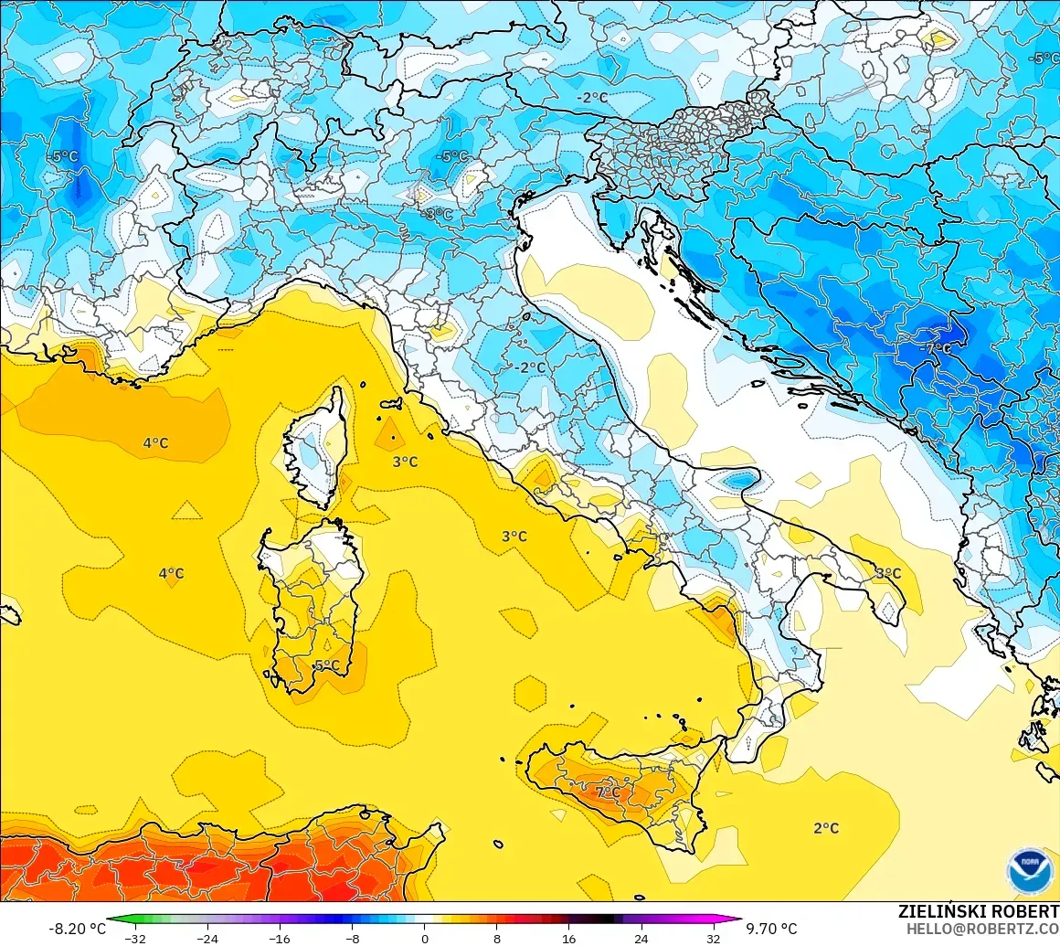 GFS modelo - Italia, Anomalía de temperatura a 2 m