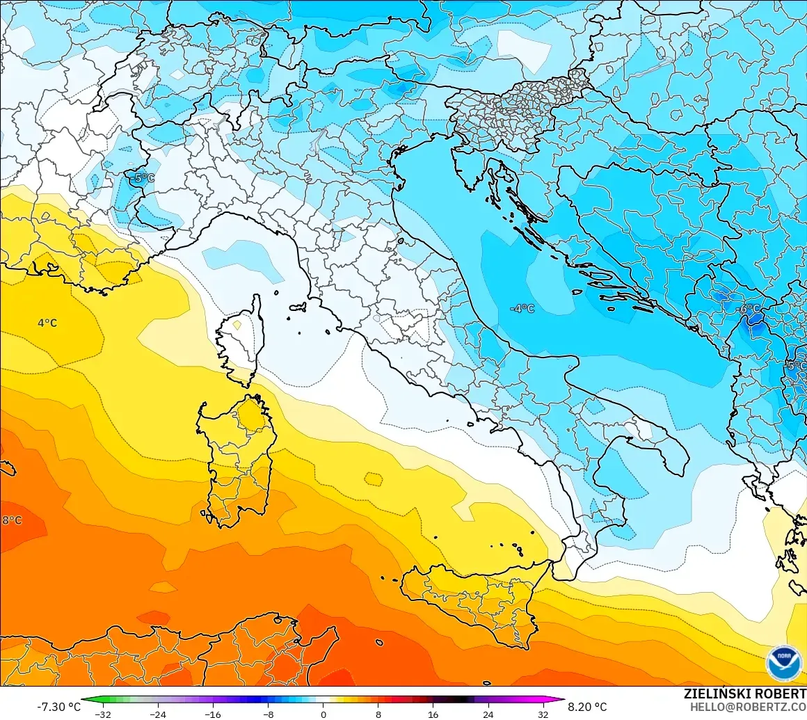 GFS modelo - Italia, Anomalía de temperatura a 850 hPa