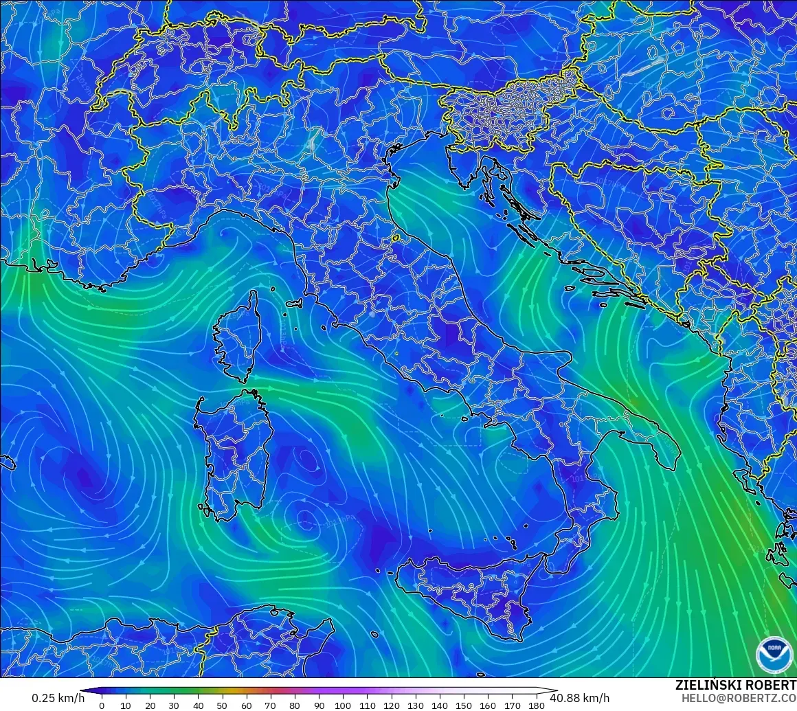 GFS modelo - Italia, Viento a 10 m