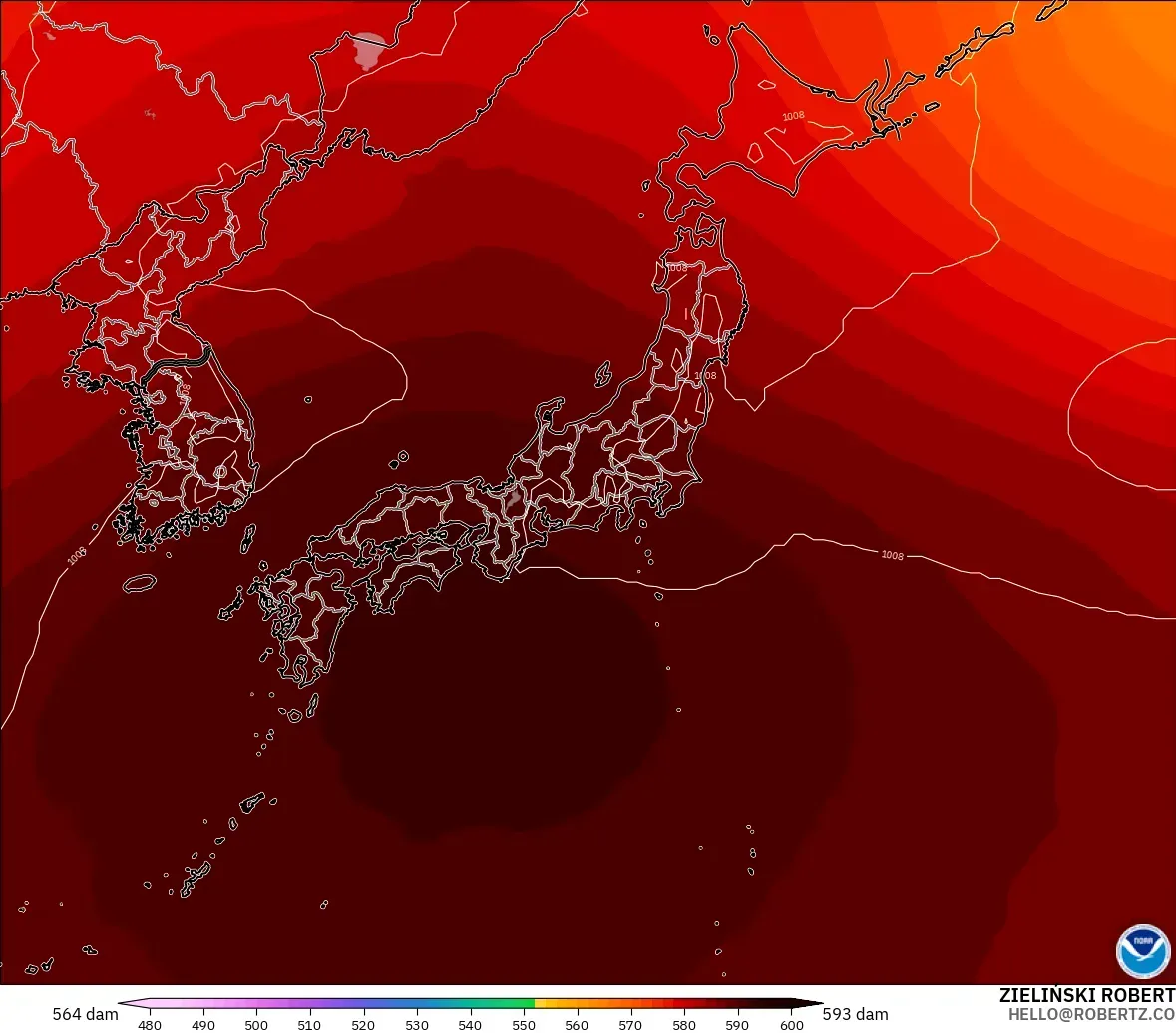 GFS modelo - Japón, Altura geopotencial a 500 hPa