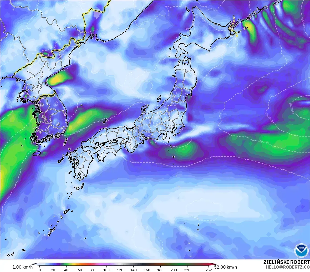 GFS modelo - Japón, Ráfagas de Viento Máximas