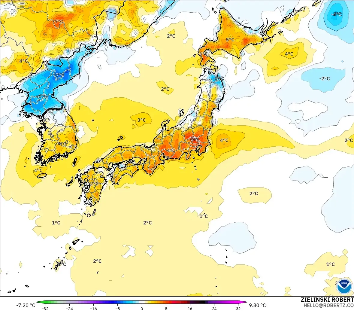 GFS modelo - Japón, Anomalía de temperatura a 2 m