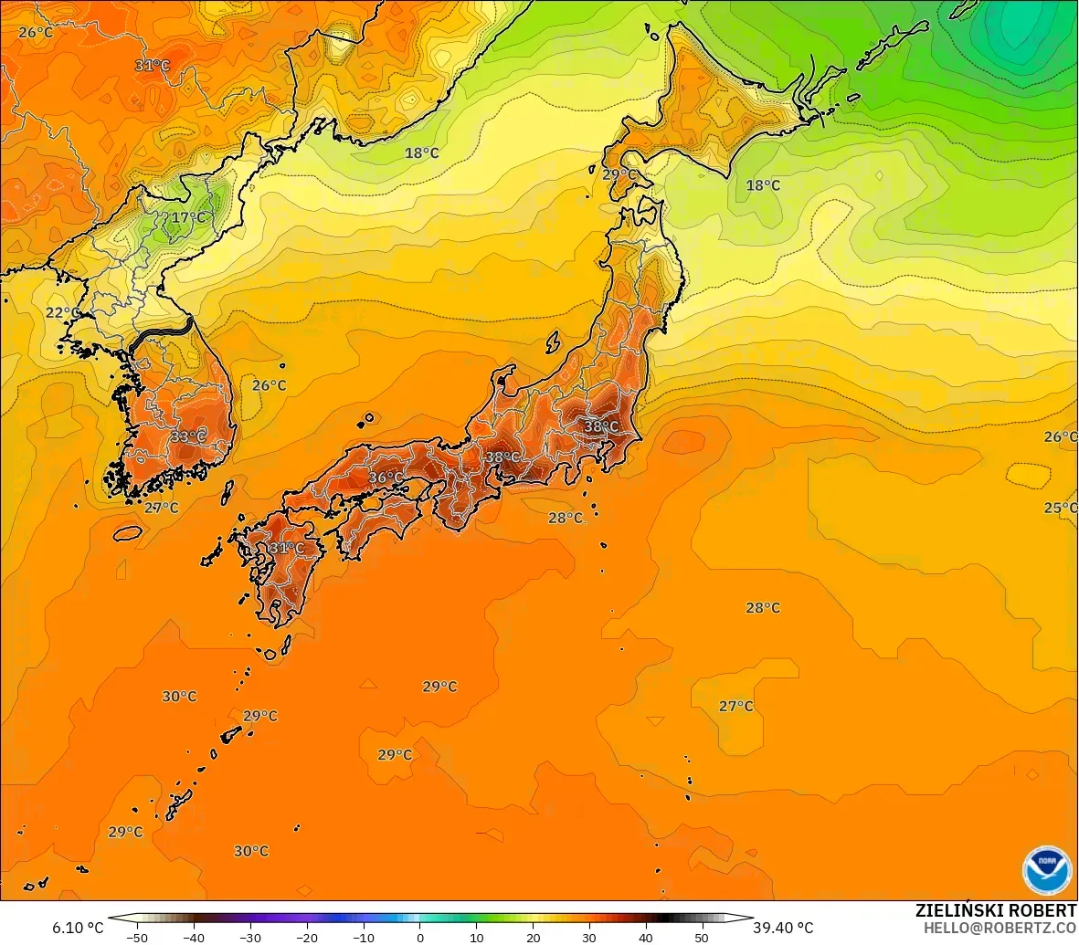 GFS modelo - Japón, Temperatura a 2 m