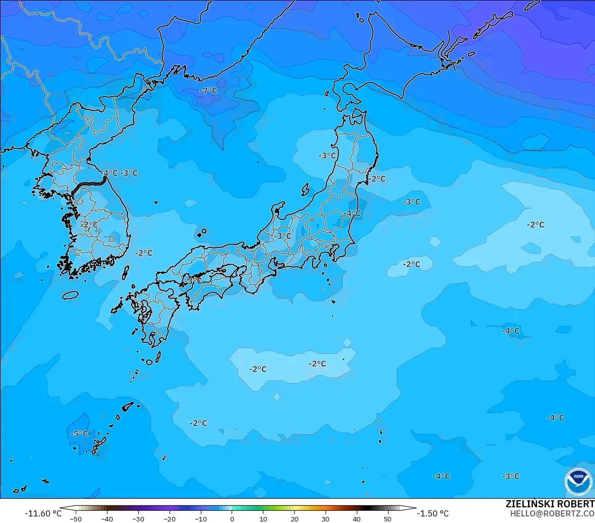 GFS modelo - Japón, Temperatura a 500 hPa