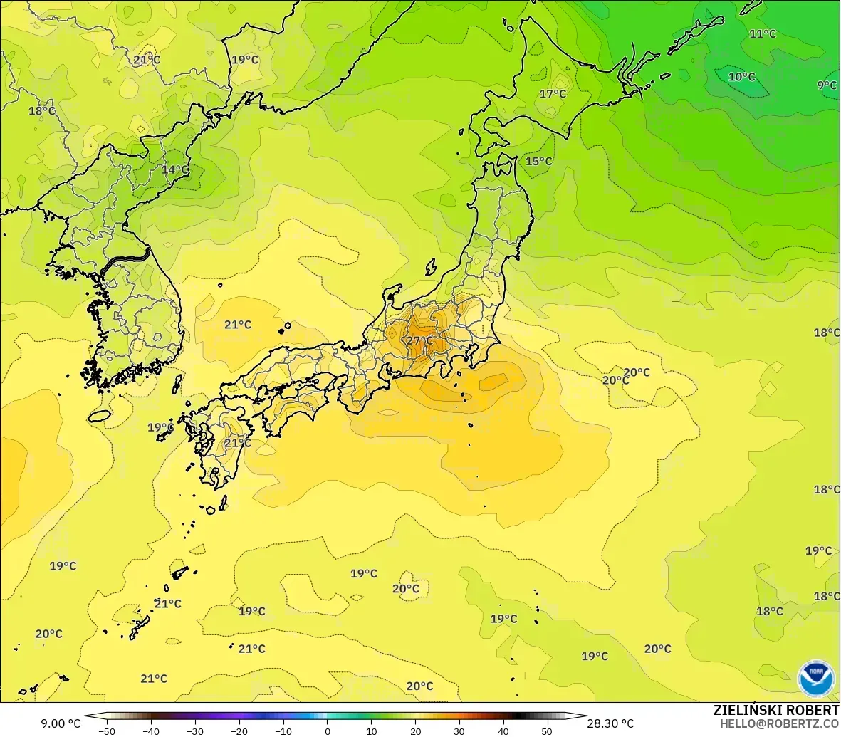 GFS modelo - Japón, Temperatura a 850 hPa