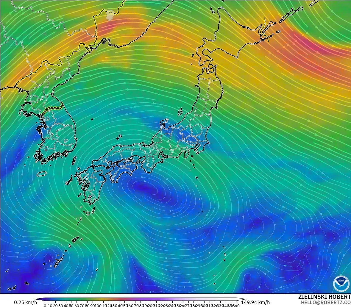 GFS modelo - Japón, Viento a 300 hPa (corriente en chorro)