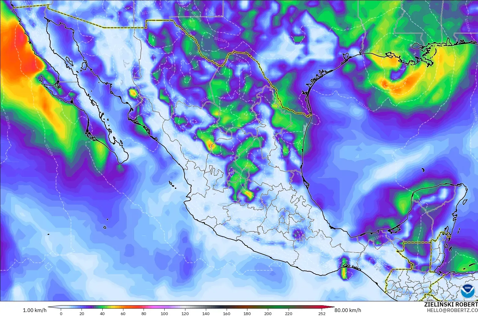 GFS modelo - México, Ráfagas de Viento Máximas