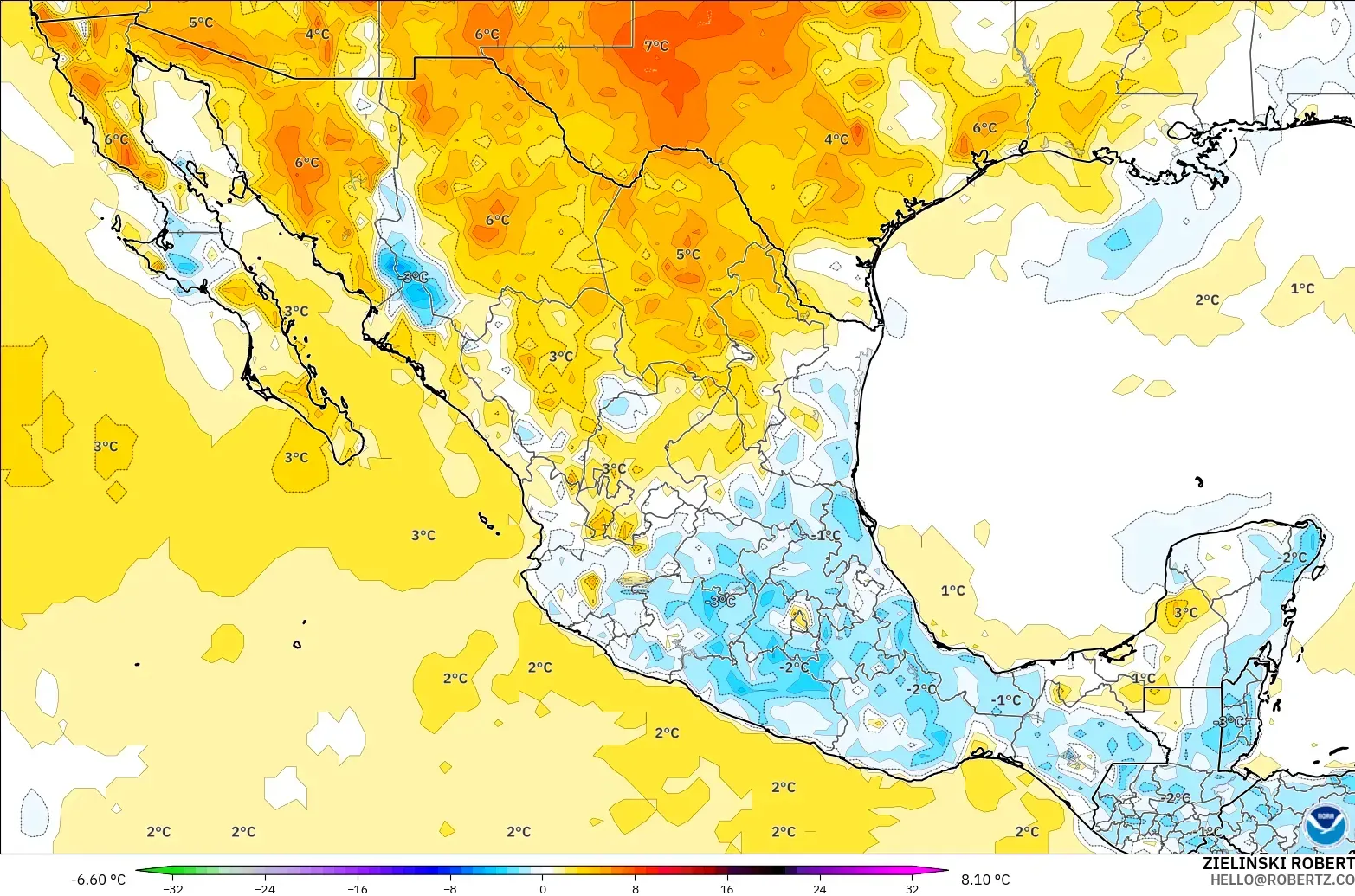 GFS modelo - México, Anomalía de temperatura a 2 m