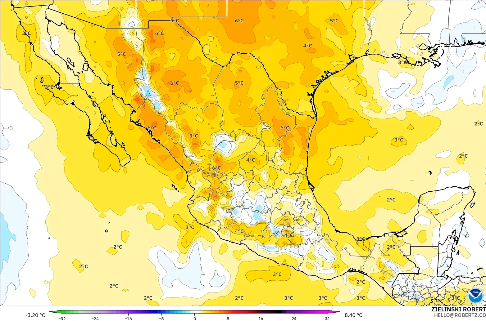 GFS modelo - México, Anomalía de temperatura a 850 hPa