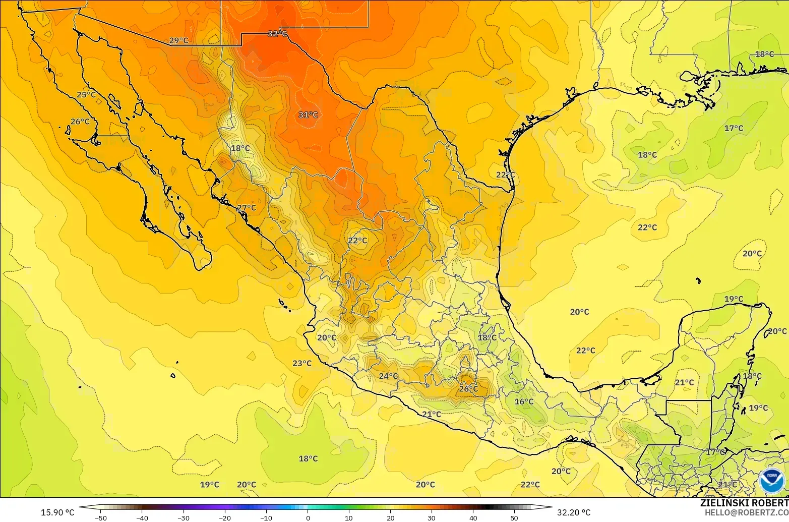GFS modelo - México, Temperatura a 850 hPa