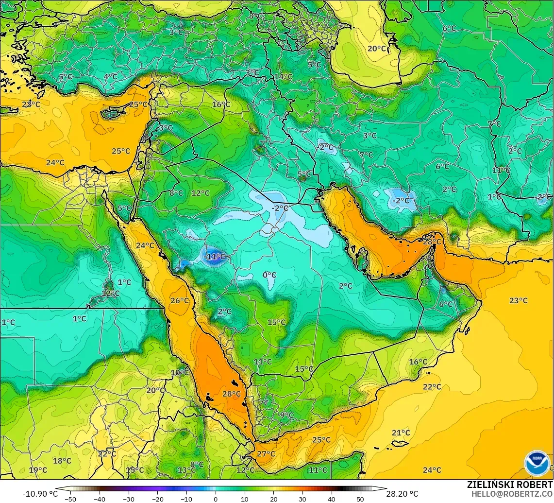 GFS modelo - Oriente Medio, Punto de rocío a 2 m