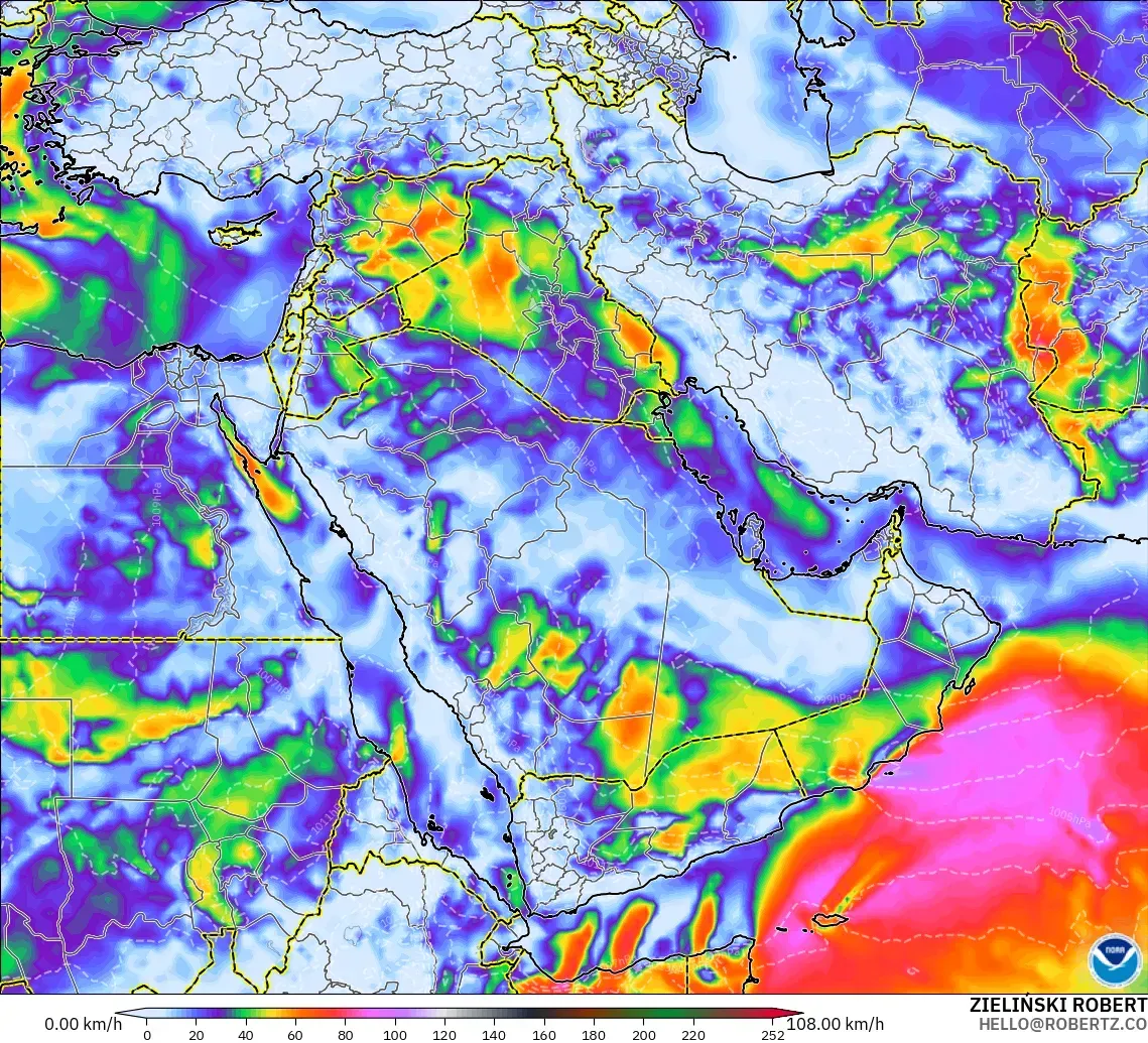 GFS modelo - Oriente Medio, Ráfagas de Viento Máximas