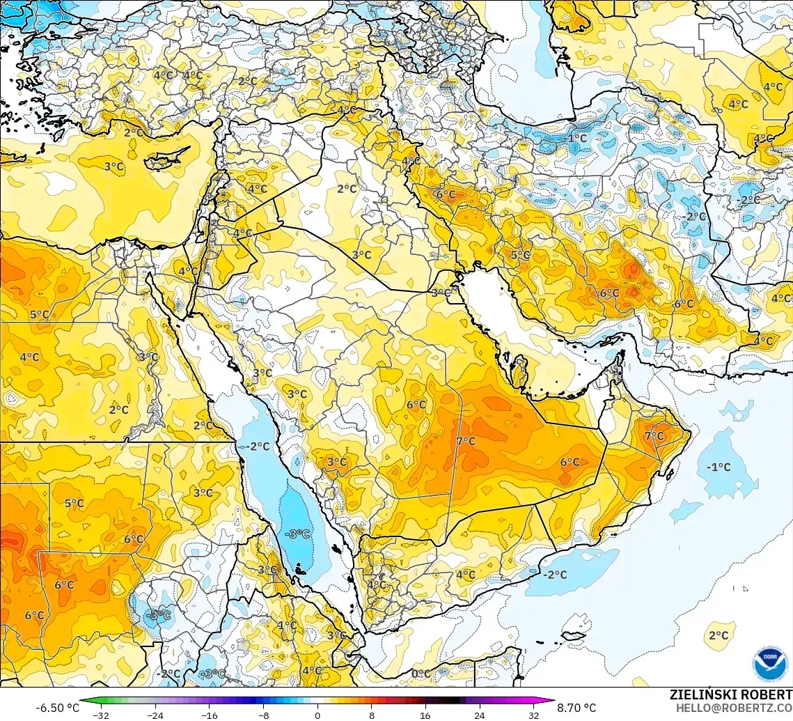 GFS modelo - Oriente Medio, Anomalía de temperatura a 2 m