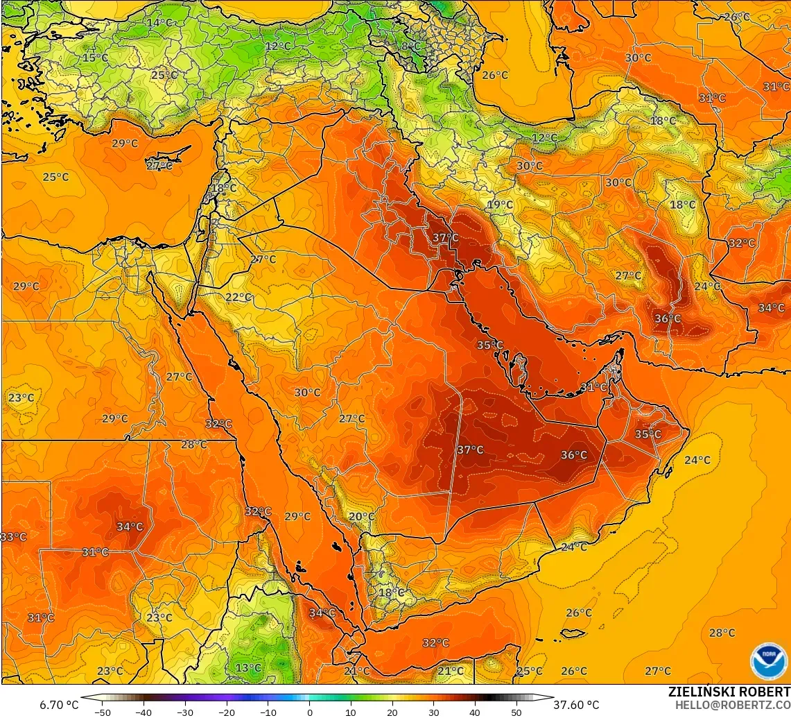 GFS modelo - Oriente Medio, Temperatura a 2 m