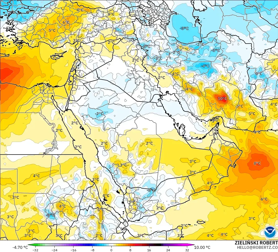 GFS modelo - Oriente Medio, Anomalía de temperatura a 850 hPa