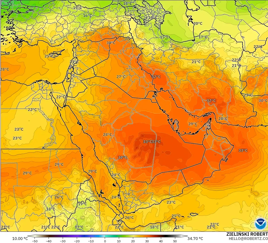 GFS modelo - Oriente Medio, Temperatura a 850 hPa
