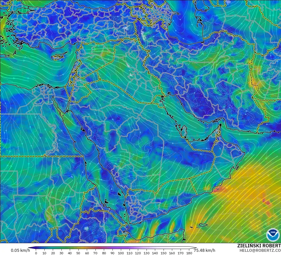 GFS modelo - Oriente Medio, Viento a 10 m