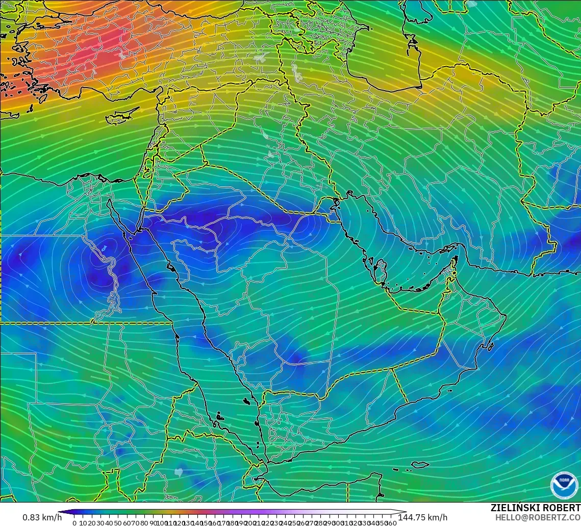 GFS modelo - Oriente Medio, Viento a 300 hPa (corriente en chorro)