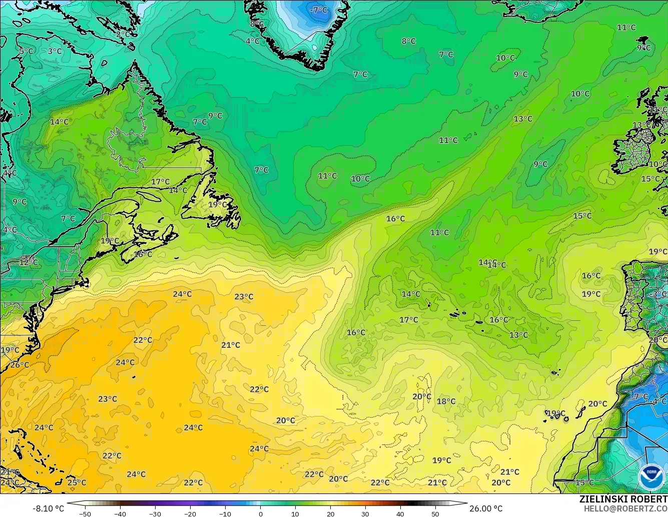 GFS modelo - Norte Atlántico, Punto de rocío a 2 m