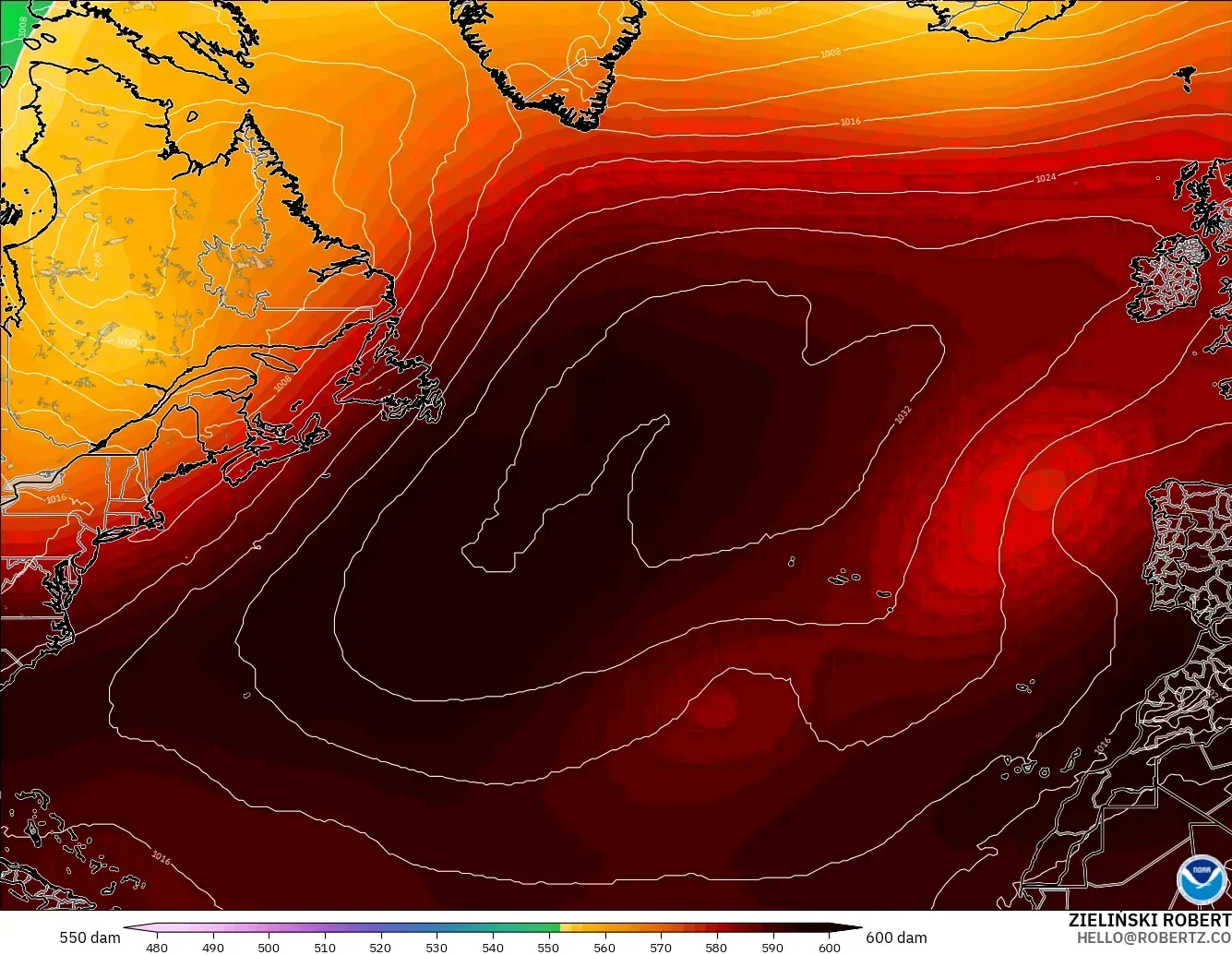 GFS modelo - Norte Atlántico, Altura geopotencial a 500 hPa