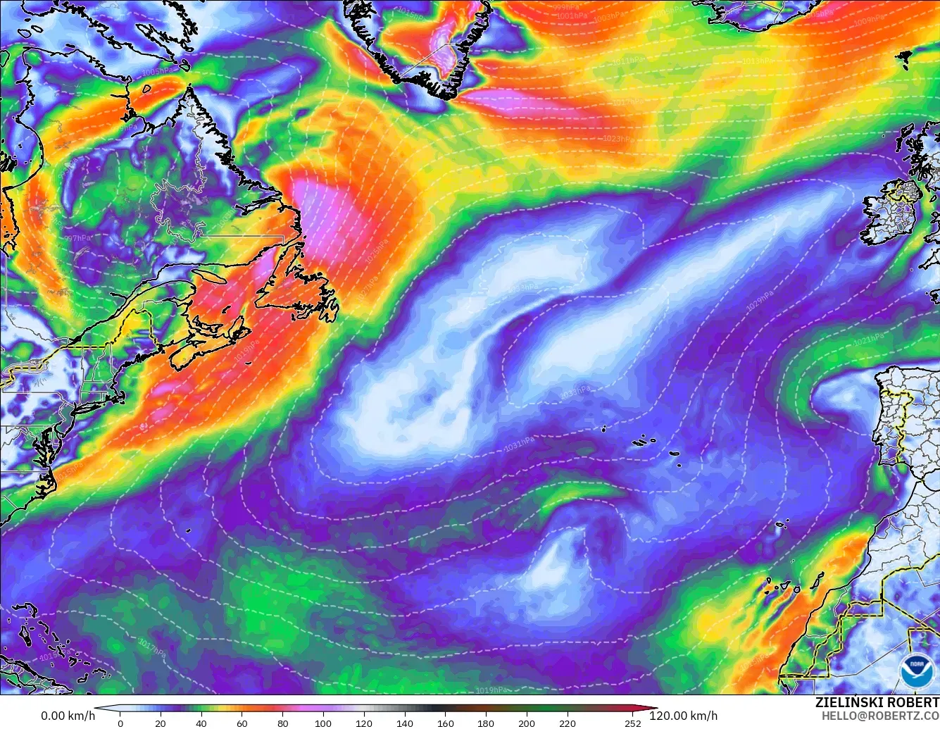 GFS modelo - Norte Atlántico, Ráfagas de Viento Máximas