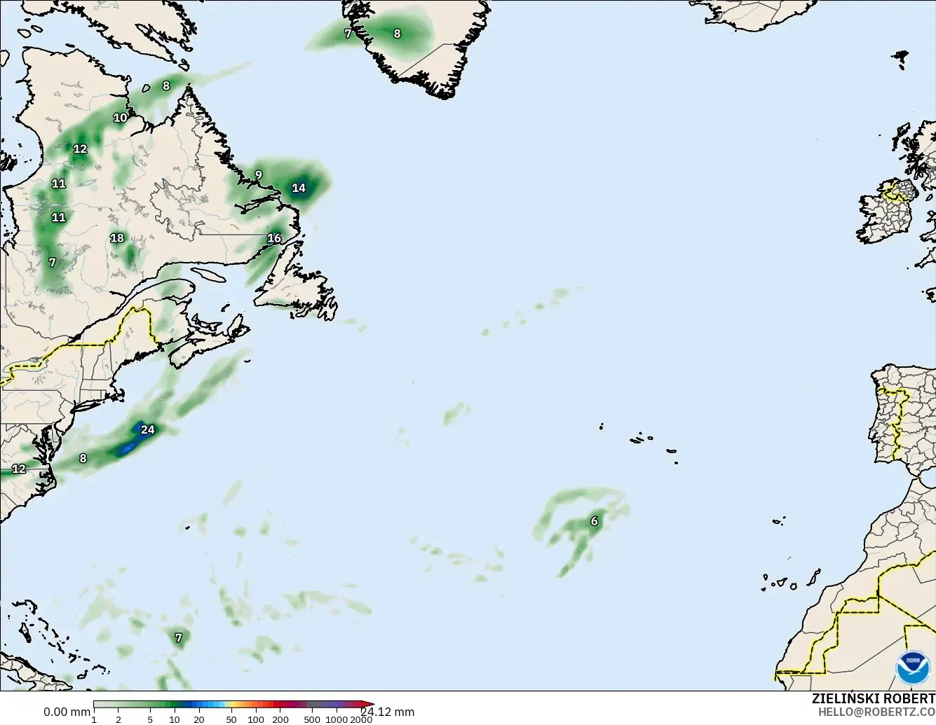 GFS modelo - Norte Atlántico, Acumulación de precipitación