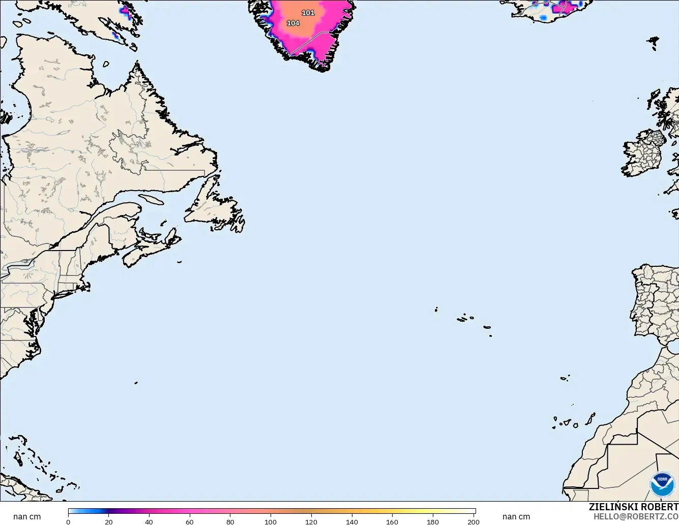 GFS modelo - Norte Atlántico, Profundidad de nieve