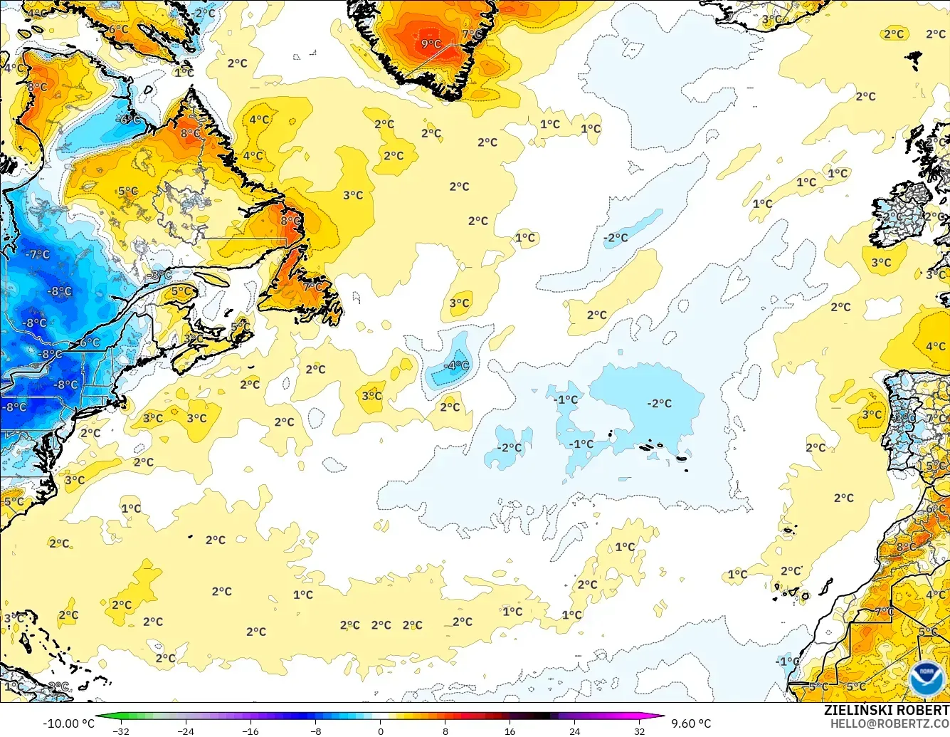 GFS modelo - Norte Atlántico, Anomalía de temperatura a 2 m