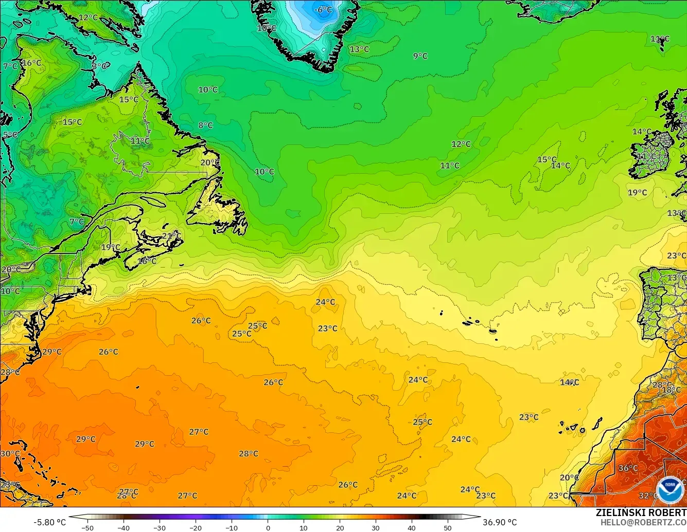 GFS modelo - Norte Atlántico, Temperatura a 2 m