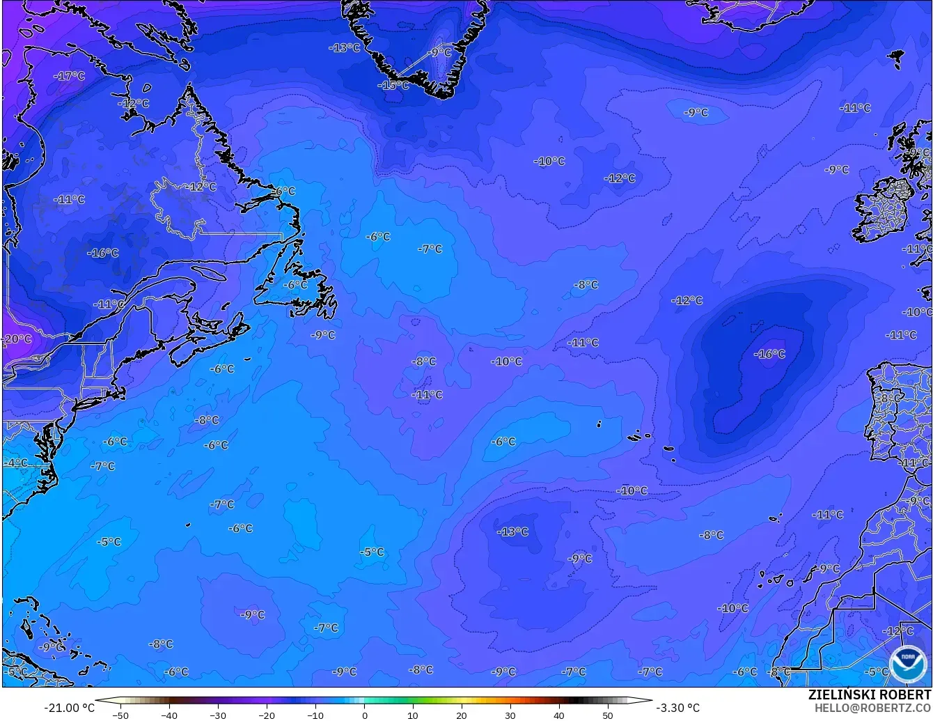 GFS modelo - Norte Atlántico, Temperatura a 500 hPa